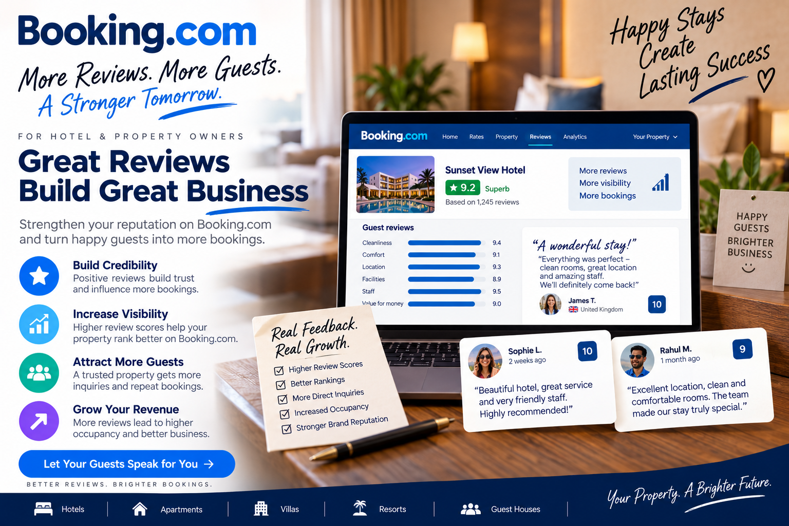 Hotel staff responding to a Booking.com guest review on a laptop as part of reputation management